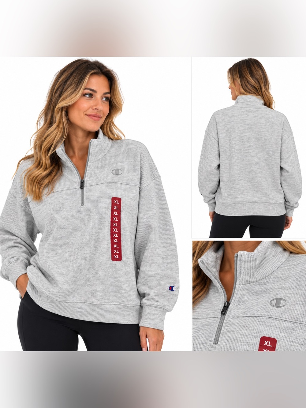 Champion Women's XL Quarter Zip Pullover Heathered Gray Ribbed Sweatshirt NWT